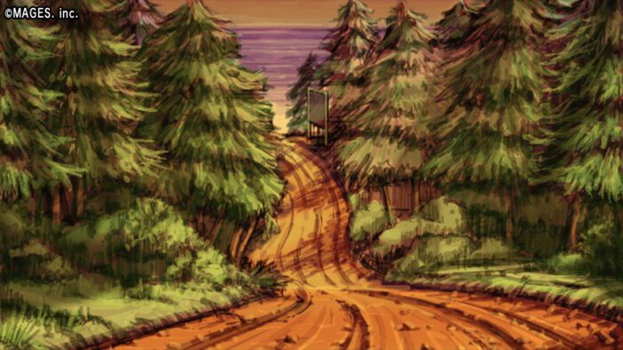 Never 7 análise - Arte de fundo de um caminho de terra que passa no meio de uma floresta ao entardecer.