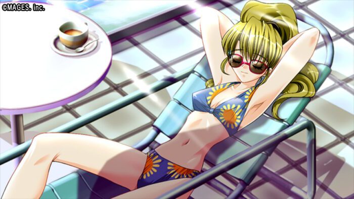 Arte do jogo contendo a personagem Saki de biquíni e óculos de sol na beira da piscina.