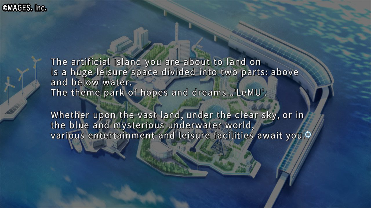 Imagem com a ilha artificial de LeMU ao fundo sobreposta com o seguinte texto: "a ilha artificial que você está prestes a desembarcar é um enorme espaço de lazer divido em duas partes: acima e abaixo da água. O parque de diversões das esperanças e sonhos... "LeMU". Seja no vasto terreno, embaixo do céu limpo, ou no azul e misterioso mundo submerso, várias instalações de laser e entretenimento esperam por você."