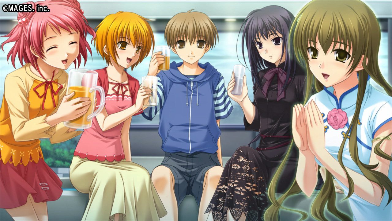 Ever 17 análise - Cinco personagens reunidos: Coco, You, Garoto, Tsugumi e Sora.